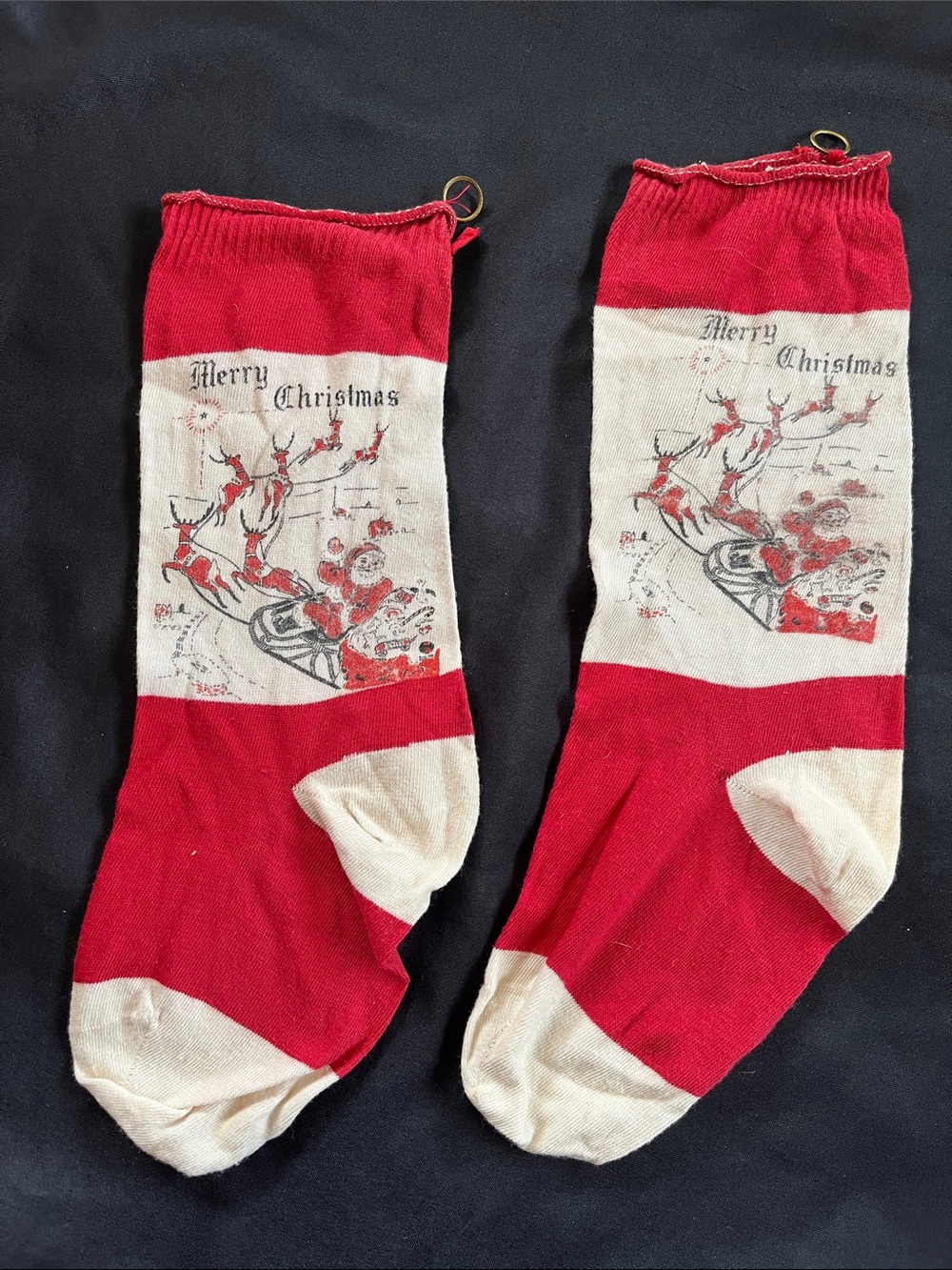 Set Of 2 Vtg Christmas Stockings Santa Claus Reindeer Sleigh Toys 1930s/40s